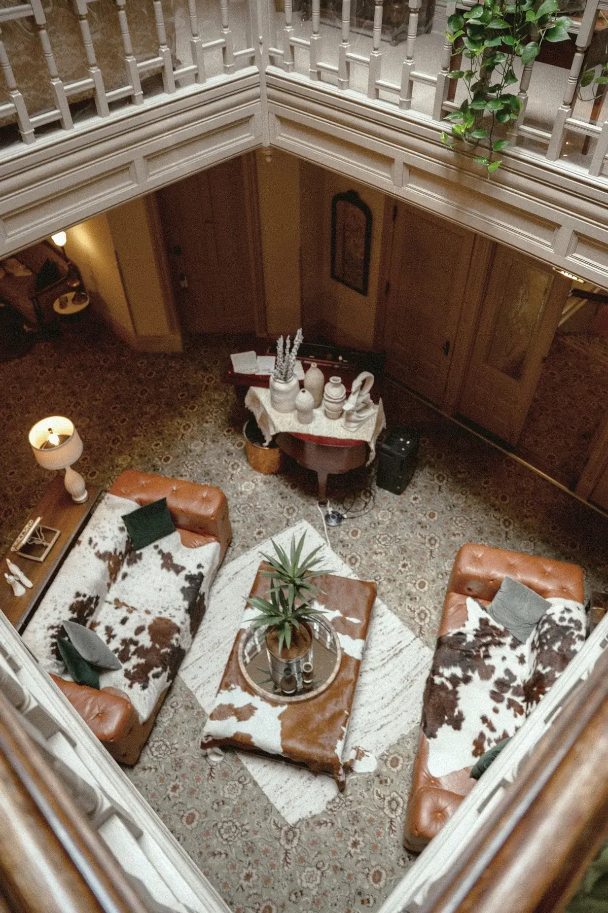 Overhead view of The Old Ruth atrium with leather seating
